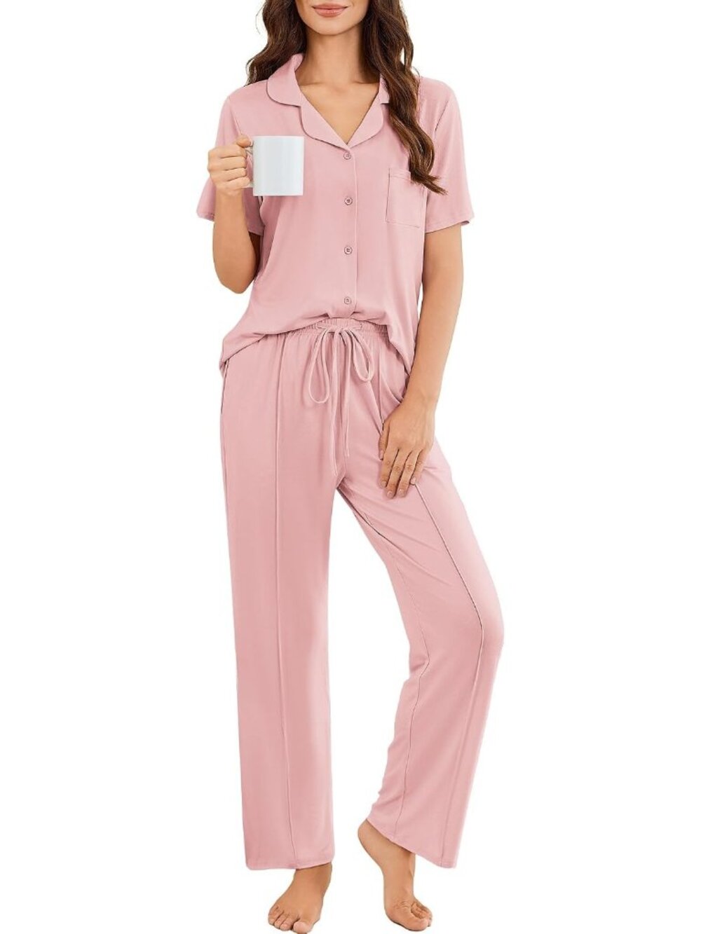 Women Light Pink Button Up Short Sleeve Shirt Sleepwear Pajamas Set